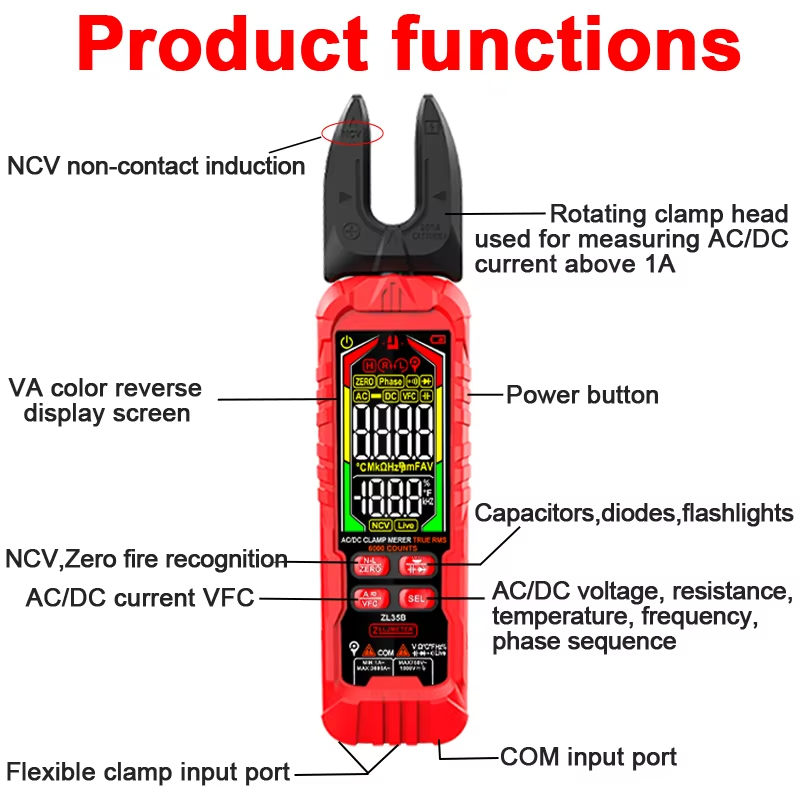 Ampere Digital ZL35B Rechargeable Clamp Multimeter High Precision Portable Ammeter Resistance Temperature Frequency 200A