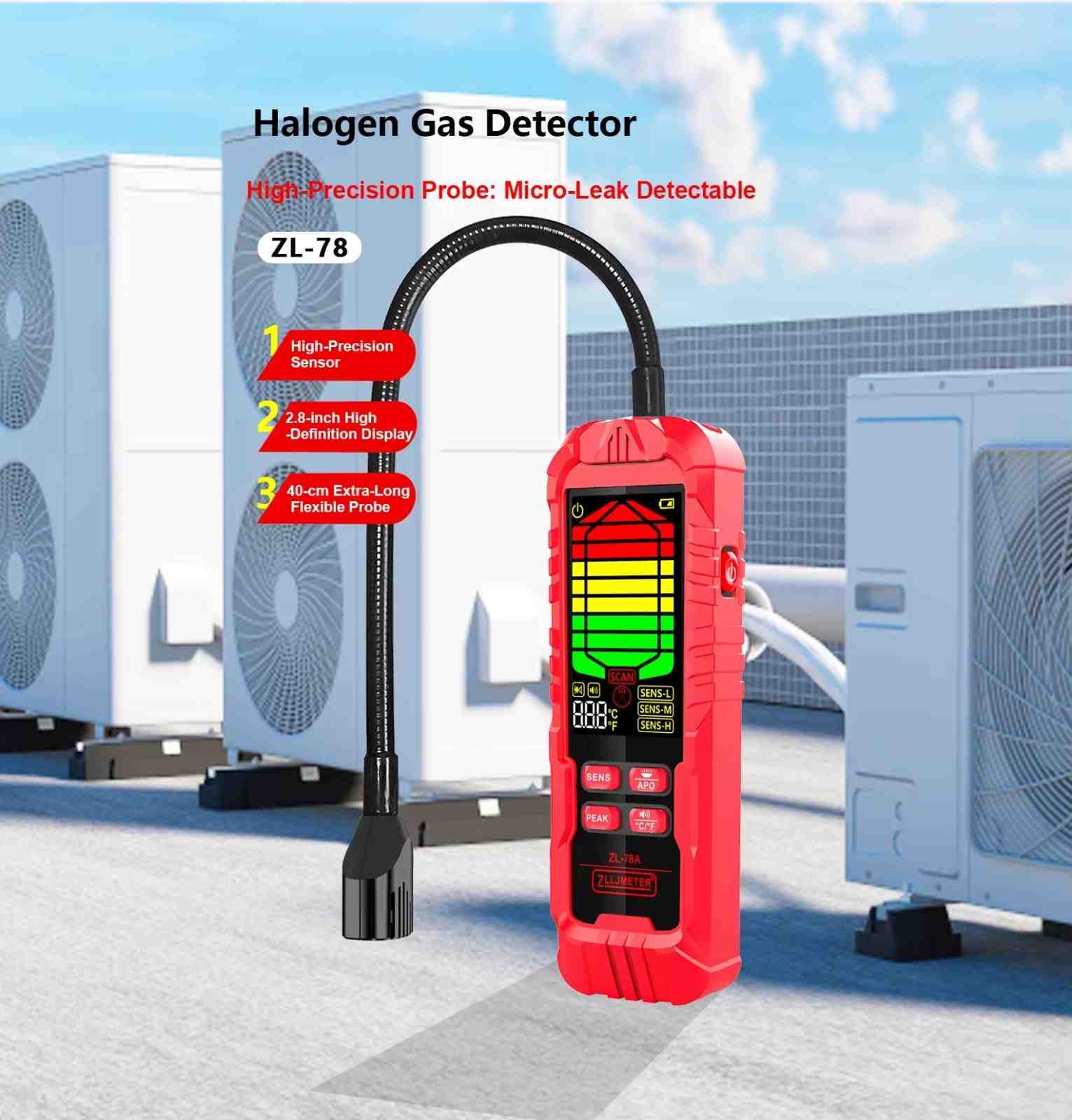 ZLLJMETER ZL78A Refrigerant Gas Leak Detector 0-1000PPM Air Conditioning HVAC Systems USB Rechargeable Diffusion Type Gases